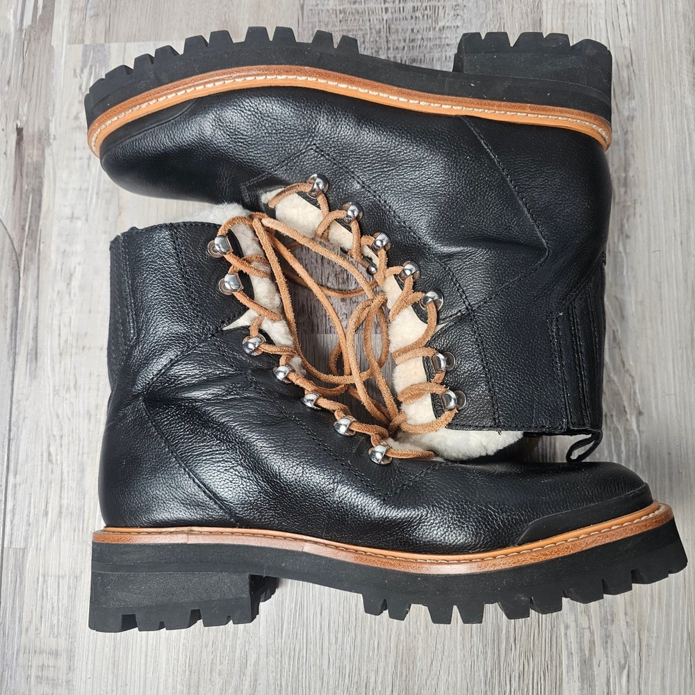 Marc Fisher LTD Izzie Hiker Boots Women 9M Black Leather Shearling Lug Moto